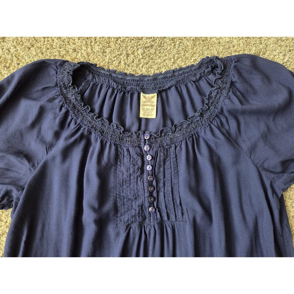 Faded Glory Navy Blue Peasant Blouse Puff Sleeve Rayon Top XL 16-18 Boho - Picture 4 of 8